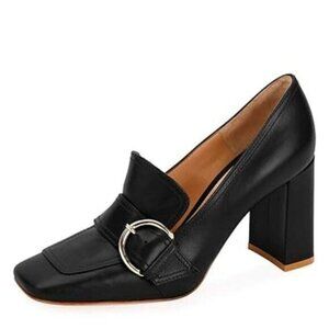 YDN Women Chunky High Heels Square Toe Loafer Shoes Slip On Suede Office Pumps